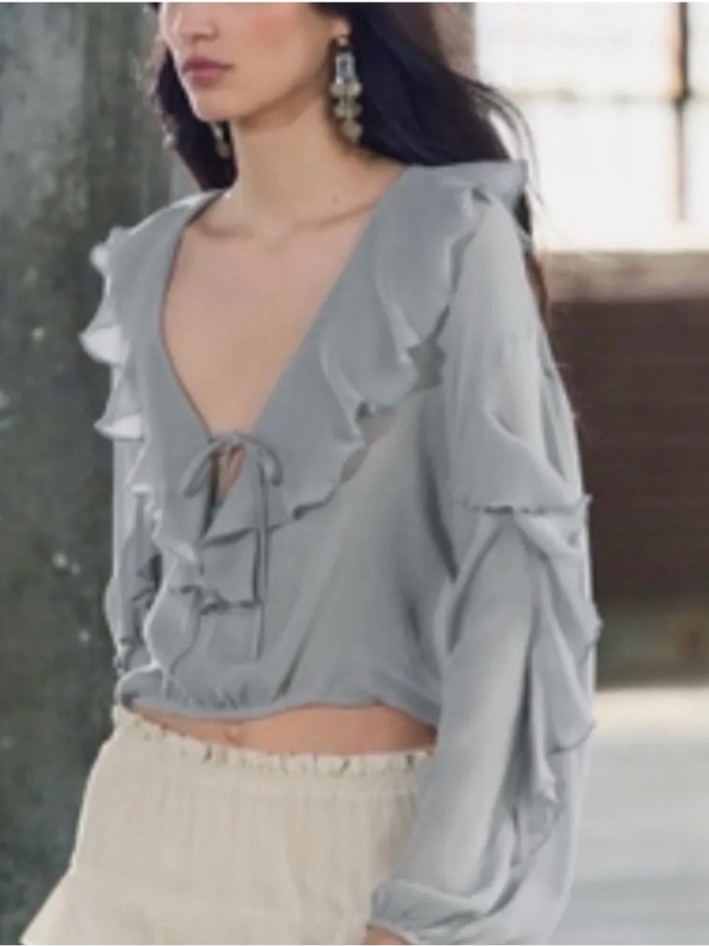 Zara - Ruffle Light Gray Long Sleeve Tie Neck Sheer Boho Blouse Size Medium